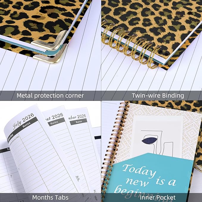 2026 Planner, Jan.2026 - Dec.2026 Planner Weekly and Monthly 6.25"x8.5" with with Page Tabs, Calendar Hardcover with Inner Pocket, Elastic Band, Twin-Wire Binding, Bookmark, Brown Leopard