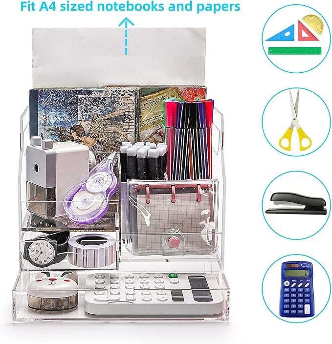 Cididu Acrylic Desk Organizer, Clear Desktop Storage with 2 Drawers for Office Supplies, Pen Holder, Stationery Caddy, Makeup Brushes, 7 Compartments Aesthetic Transparent Organizer for Home School