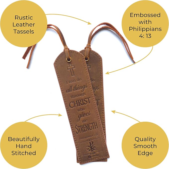 Leather Bible Bookmarks - 2 Leather Christian Bookmarks with Inspirational Bible Verse | Philippians 4: 13 I Can Do All Things Through Christ | Religious Book Marker Gifts for Men, Women and Readers