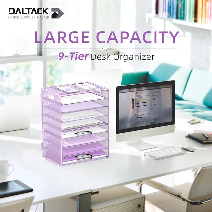 DALTACK 9-Tier Paper Organizer for Desk, Mesh Letter Tray Desk Organizer with Handles, Space-Saving File Organizer for Office Home School, Purple