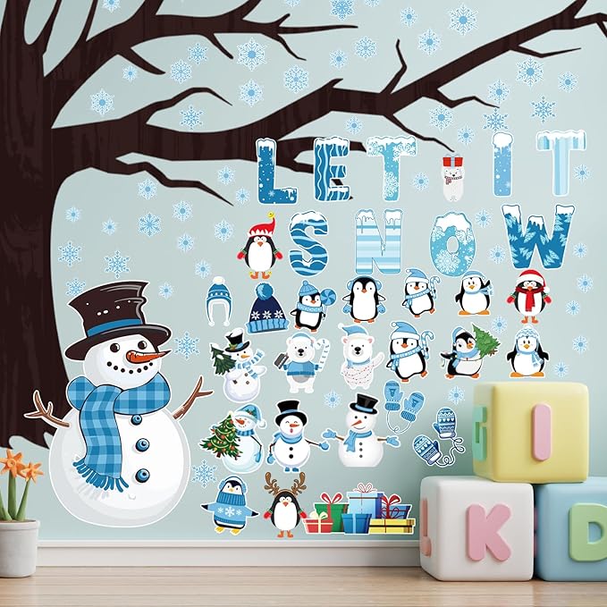 Maitys 124 Pcs Winter Bulletin Board Decorations Christmas Snowflake Let It Snow Tree Snowman Penguin Cutouts Tree Bulletin Board Set for Classroom Home Office Holiday Winter Room Wall Window Decor