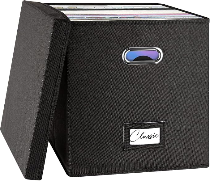 Vinyl Record Storage Box for 50+ Single LPs (12-Inch), Stackable Albums Linen Crate with Lid, Collapsible Play Music Collection Holder, Document File Folder Cabinet Organizer Case with Handle