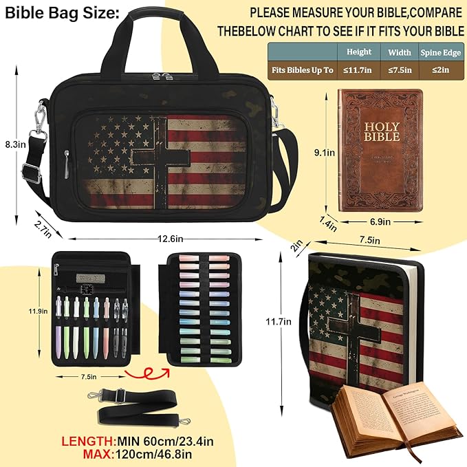 Flag Cross Large Bible Bag for Men with Bible Case, Bible Cover Study Supplies Journaling Kit Book Carrying Case with Highlighter Tabs, Christian Gift for Women Men - American Camouflage