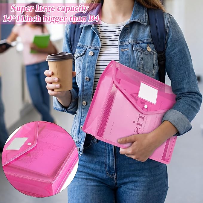 Epakh 10 Pieces Plastic File Folders Envelope Expanding File Wallet Organizer Documents Folder with Snap Closure and Pocket B4 Waterproof Transparent Pouch for School Office (Pink,Horizontal)