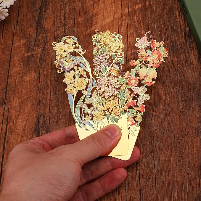 3 PCS Metal Bookmarks - Beautiful Flower Bookmarks, Chrysanthemum, Pomegranate Flowers, Narcissus
