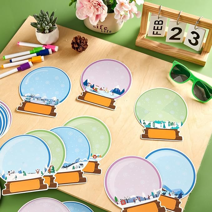 60pcs Winter Theme DIY Cutouts Snow Globe Bulletin Board Decoration Set Christmas Snow Globe Paper Cut-Outs Decor for Winter Holiday DIY Photo Craft Xmas Party School Classroom Wall Door Supplies