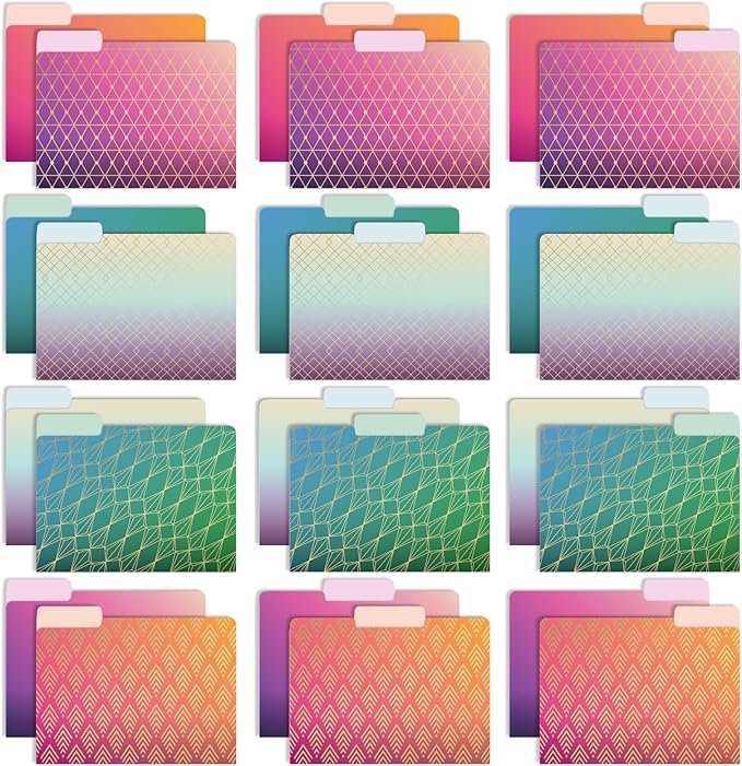 Global Printed Products Deluxe Designer Printed File Folders, 1/3 Cut Tab, Assorted Positions, Letter Size, 24/pk (Geometric Foil)