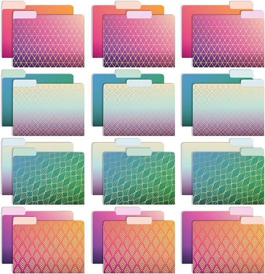 Global Printed Products Deluxe Designer Printed File Folders, 1/3 Cut Tab, Assorted Positions, Letter Size, 24/pk (Geometric Foil)