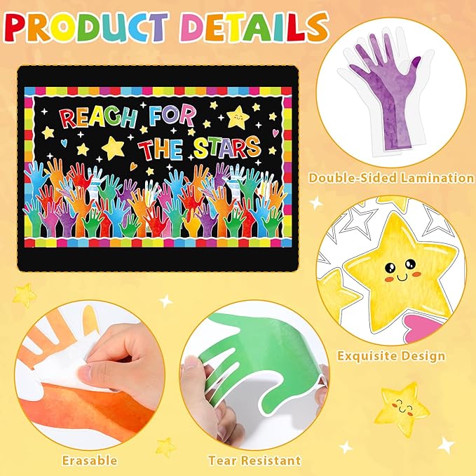 Reach for The Stars Bulletin Board Decorations Set Welcome Back to School Colorful Handprint Paper Cutouts Motivational Classroom Bulletin Board Decor for Preschool Supplies Door Chalkboard Wall