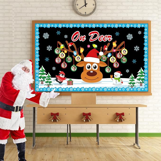 Christmas Reindeer Bulletin Board Set Winter Deer Bulb Classroom Decoration Xmas Large Elk DIY Photo Crafts Cutouts Snowflakes Bulletin Board Border for Holiday Party Classroom Wall Decor