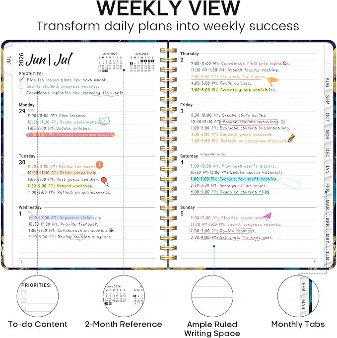 Academic Planner 2026-2027, Weekly and Monthly Calendar Book, July 2026 – June 2027, Hardcover Planner with Tabs, Perfect for Teachers, Students, Women & Men, A5 (6.4" x 8.5") - Turquoise Flowers