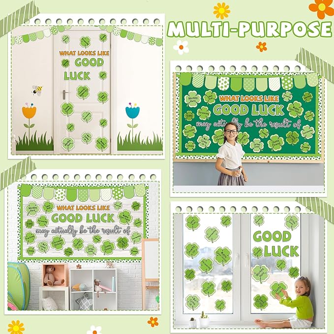 St. Patrick's Day Bulletin Board Decoration Set Lucky Shamrock Motivational Classroom Decoration Green Shamrock Positive Paper Cutouts for Irish Holiday Party School Home Office Chalkboard Wall Decor