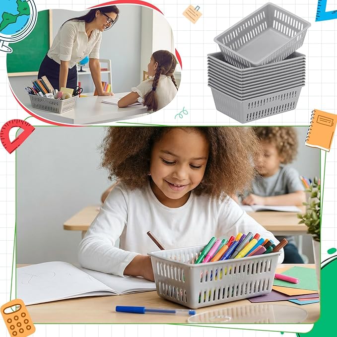 Sherr 36 Pack Classroom Storage Basket Small Plastic Basket for Organizing Crayon Pencil Container Storage Bin Tray Holder for Paper Shelf Back to School Office Supply 6.1" l x 4.3" w x 2.4" h(Gray)