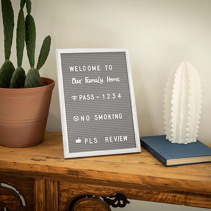 HBCY Creations 12"x17" Felt Letter Board - Solid Wood Frame - White Wash - Gray Felt - 389 PP Letters Including Numbers, Symbols, Icons - Canvas Carrying Case
