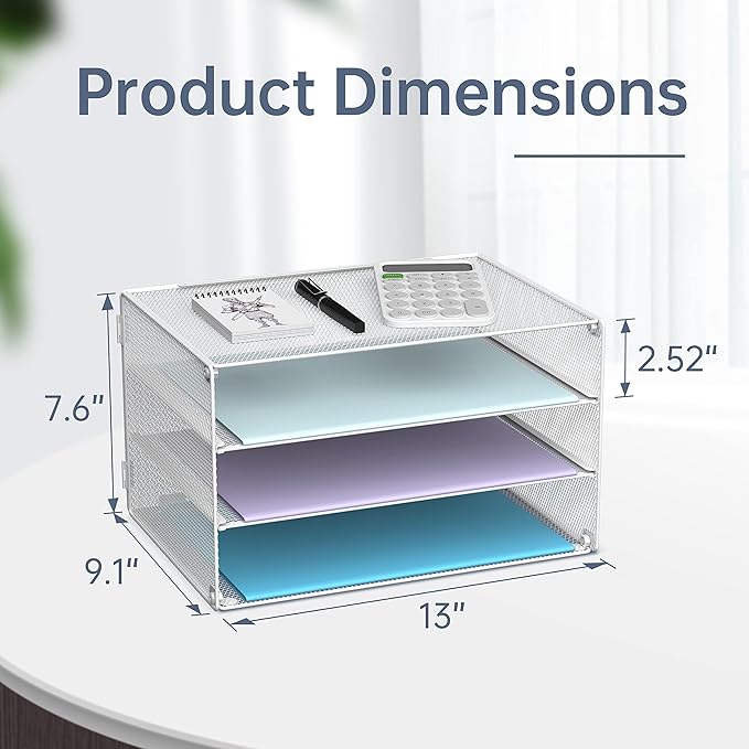 DALTACK 3 Tier Letter Tray Paper Organizer for Desk, Mesh Metal Desk File Organizer with Sliding Trays for Letter/A4 Paper, Mail, Bills & Folders, 2 Pack, White