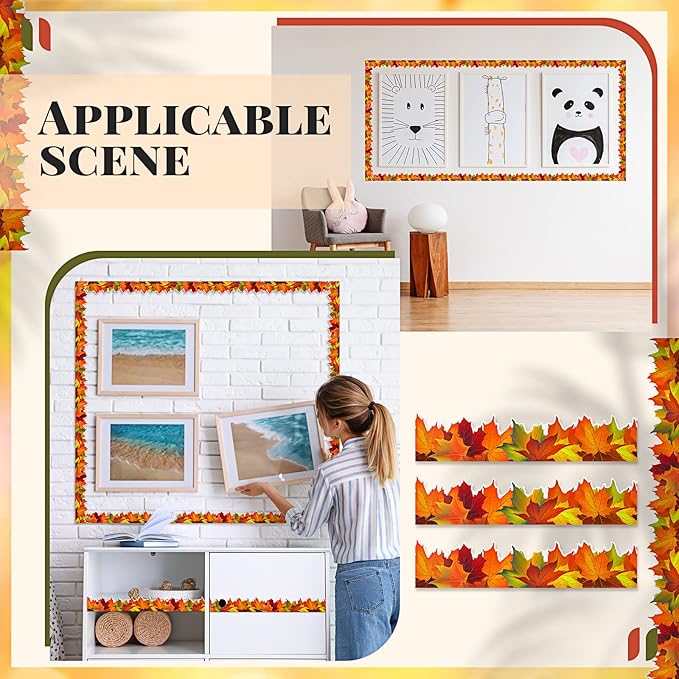 Leinuosen 50.5 ft Fall Bulletin Board Borders Maple Leaves Shape Die-Cut Bulletin Board Strips Colorful Autumn Leaf Trim with 20 Sheets Glue Point Dots for Fall Harvest Thanksgiving Classroom Decor