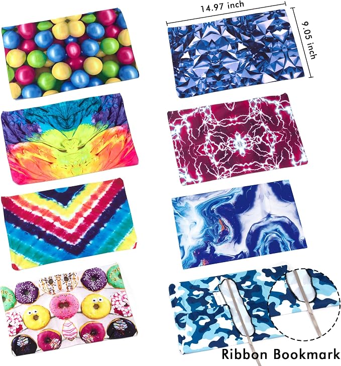 feela 8 Pack Jumbo Fabric Book Covers, Stretchable Washable Durable Reusable Nylon Covers for Hardcover Textbooks Notebooks up to 9'x11', 8 Patterns