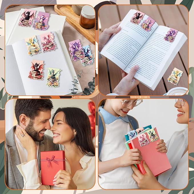Wxiben Flower Dragon Magnetic Bookmark - 8 Pcs Dragon with Wings Bookmarks Magnetic Floral Animal Magnets Book Marks Page Clip Gift for Women Men Book Lovers Students Teacher Reading School Supplies