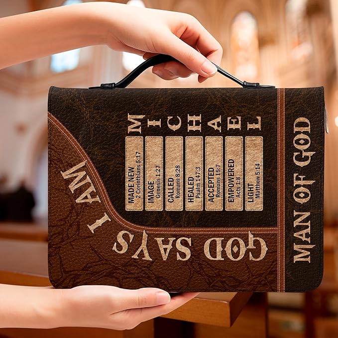 Personalized Man of God Bible Cover, God Says I Am Bible Case PU Leather, Bible Holder Handle Zipper, Faith Scripture with Name Case Bag, Religious Gifts for Church Christians Women Men