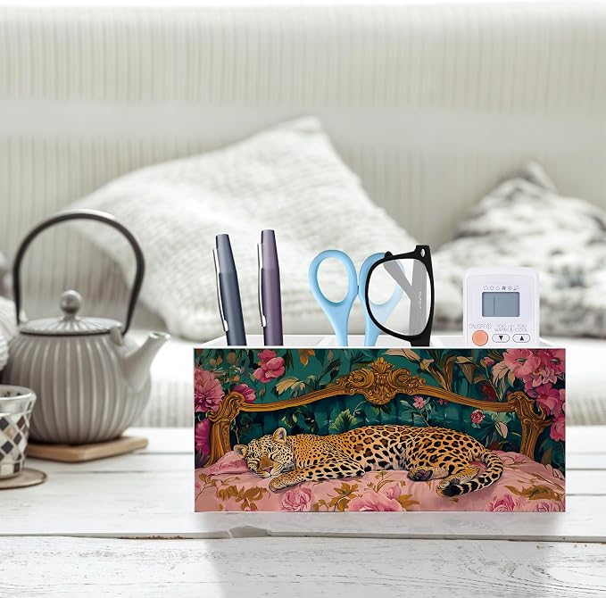 Trendy Retro Leopard Pen Pencil Holder, Leopard Print Gifts for Women, Eclectic Maximalist Sleeping Cheetah Pencil Pen Holder Organizer for Home Office Desk Accessories