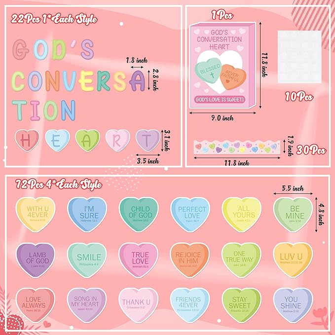 135Pcs Valentine’s Day Conversation Heart Bulletin Board Decoration Candy Heart Cutouts Border Trim Jesus Religious Sunday School Classroom Wall Decors for Chalkboard Valentines Party Supplies