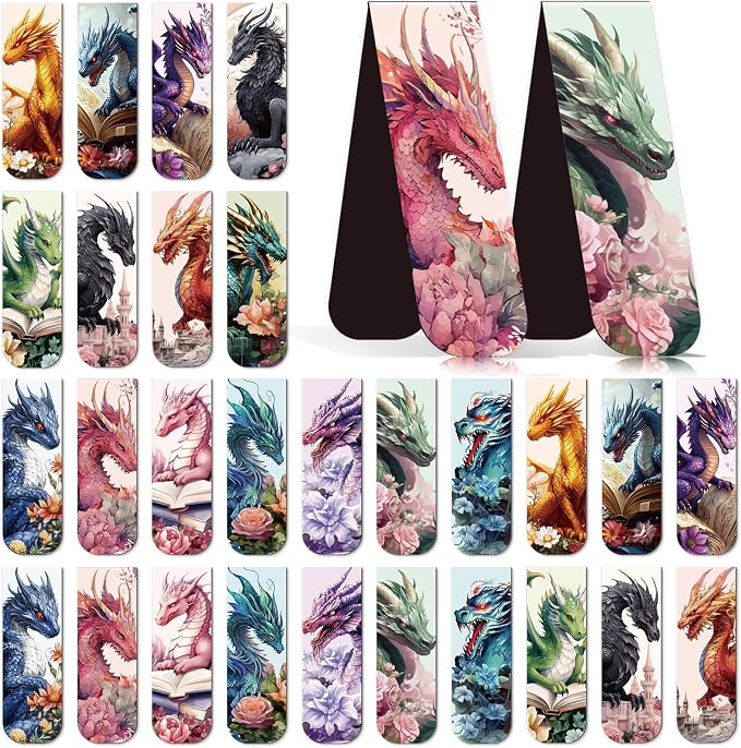 Wxiben Cool Dragon Magnetic Bookmark - 30Pcs Flower Dragon Bookmarks Magnets Unique Animal Book Marks Page Magnets Marker Clip Gifts for Book Lovers Reading Bookworms Office Supplies