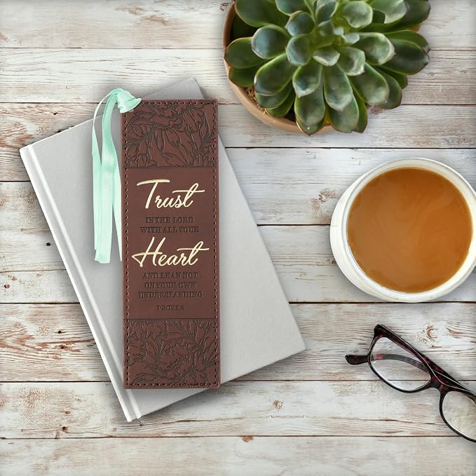 Christian Art Gifts Premium Vegan Faux Leather Scripture Bookmark for Men & Women: Trust in The Lord - Proverbs 8:5 Inspirational Bible Verse, Heat-Debossed, Reading Accessory w/Tassel, Floral Brown