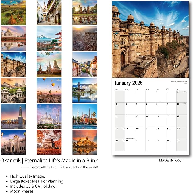 2025-2026 Wall Calendar Exotic Destination Planner Calendar, Hangable Monthly Wall Calendar with Large Blocks for Organizing & Planning, Academic Schedule, Home, Office & family, Thick & Sturdy Paper (12"x24" Open)