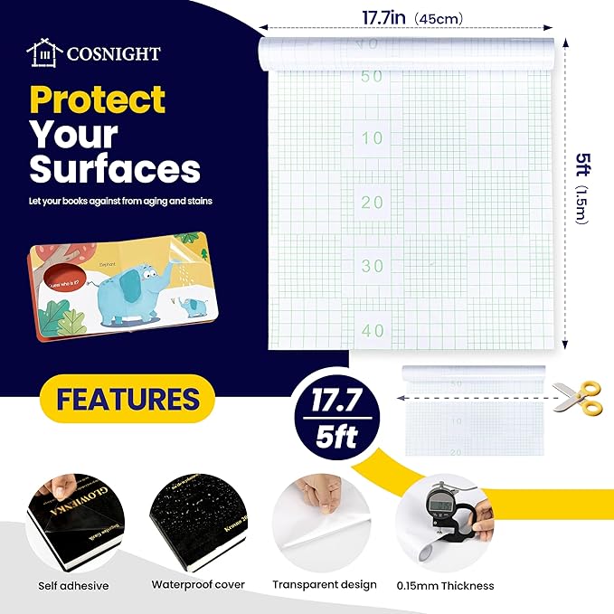 COSNIGHT Clear Contact Paper Peel and Stick for Book Cover Protector 17.7in x 5ft/Roll, Clear Self Adhesive to Cover Books and Documents