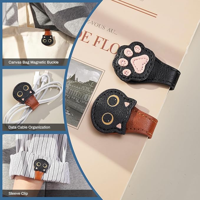 2Pcs Magnetic Leather Bookmarks with Gift Box Magnetic Pen Holder Book Marks Clip Gift for Book Lover Readers Men Women Teachers Students, Cat+Paw (Brown+Black)