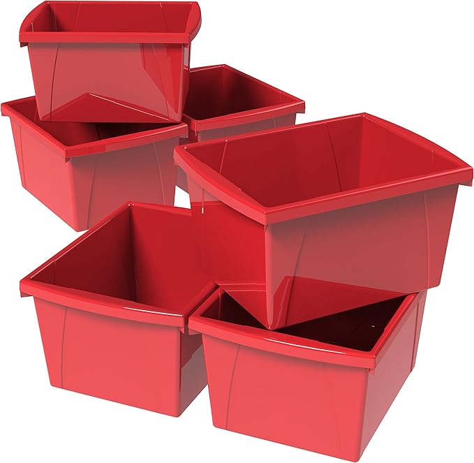 Storex 4 Gallon Storage Bin – Plastic Classroom Organizer for Books and Supplies, Red, 6-Pack (61452C06C)