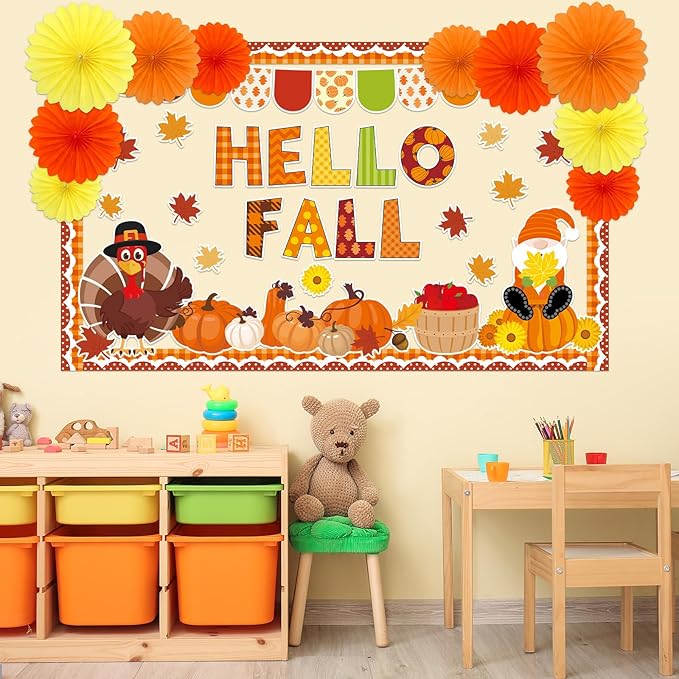 Hello Fall Bulletin Board Decorations Set with 3D Tissue Paper Flower Paper Fan DIY Fall Thanksgiving Classroom Bulletin Board Border Maple Leaves Pumpkins Cutouts for Library Home Chalkboard Supplies
