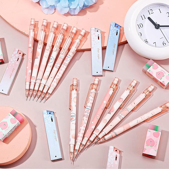 Breling 30 Pcs Kawaii Peach Mechanical Pencil Gift Set 12 Mechanical Japanese Pencils 6 Cute Peach Eraser 12 Tube HB Refill Graduation First Day of School Office Gift(0.5mm)