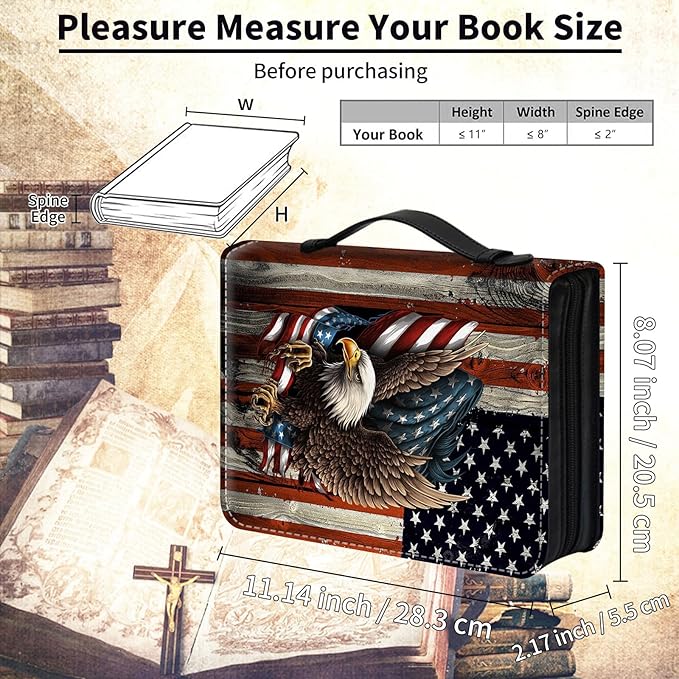 Bible Cover for Men,Large Leather Bible Case Fit Book Up to 11x8x2 Inch,Bald Eagle with Flag Bible Covers Bible Study Carrier Church Bags w/Handle & Zipper