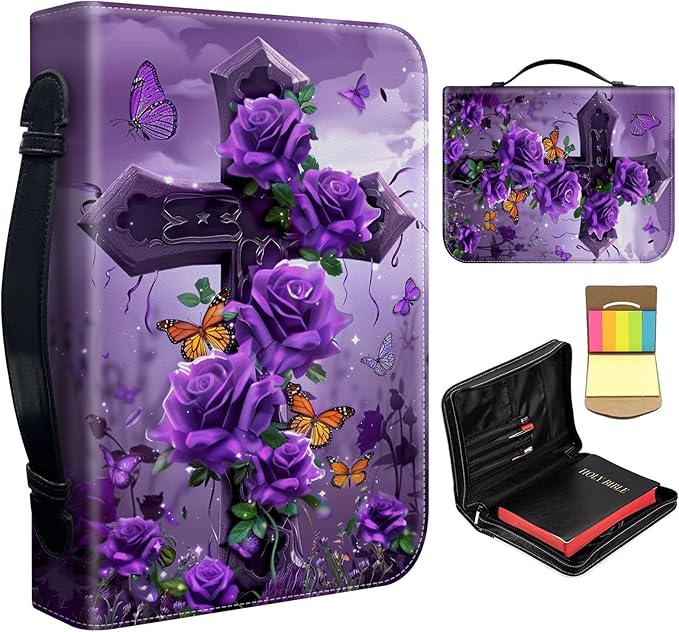 Bible Cover Case for Women,Large Leather Bible Case Fit Book Up to 11x8x2 Inch,Cross with Purple Rose Butterflies Bible Covers for Girls,Bible Study Carrier Church Bags w/Handle Zipper