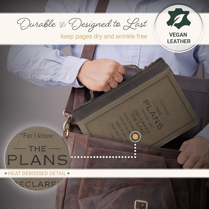 Christian Art Gifts Premium Vegan Leather Inspirational Bible Cover for Men & Women: Know the Plans Debossed Encouraging Scripture, Easy Carry Handle Zippered Case, Pen Loops, Pockets, Brown, XL