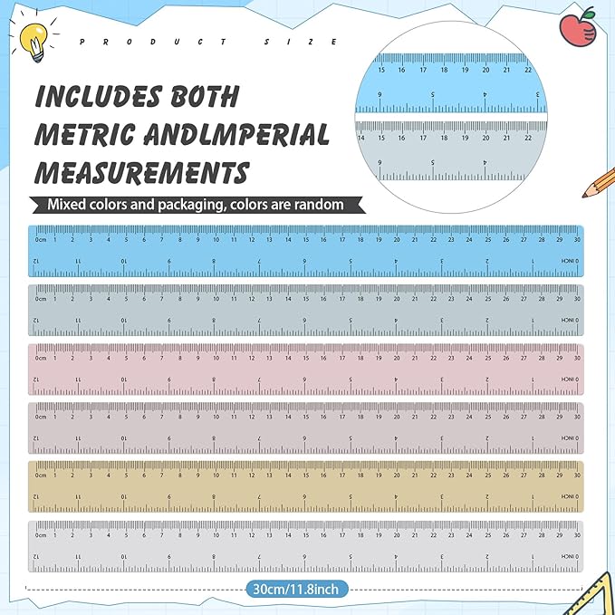 60 Pcs Plastic Clear Rulers 12 Inch, Transparent Assorted Color Ruler Bulk, with Imperial and Metric Scales for Home Office Supplies, Available in 6Colors(Rainbow)
