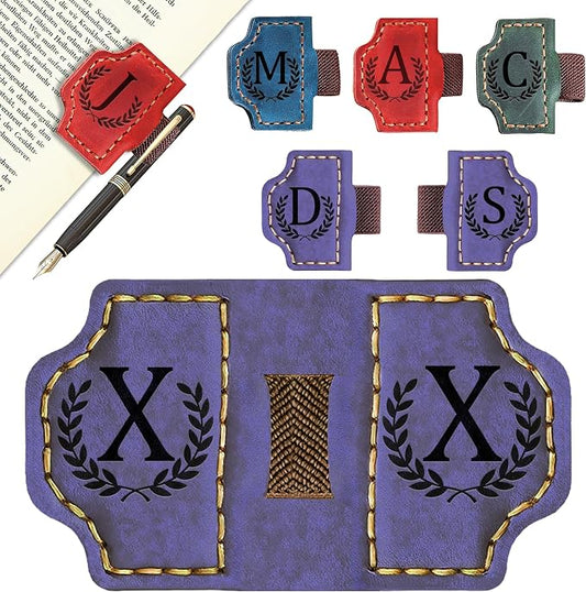 Bygone Mark Bookmark with Pen Holder, 26 Letters Name Initial Personalized Magnetic Bookmarks, Leather Book Mark for Men Women, Travelers Accessories, Teachers Readers Book Lovers Gifts (Purple, X)