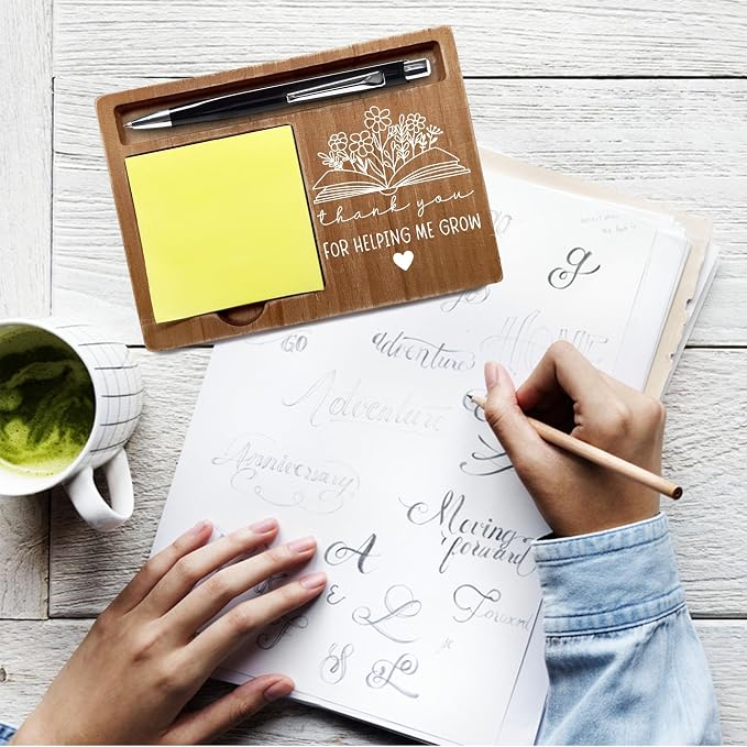 Thank You for Helping Me Grow Gift, 4x6 Inch Wooden Desk Note Pen Holder, Inspirational Office Home Decor with Quotes, Appreciation Teachers Day Gifts for Family Friends-A18