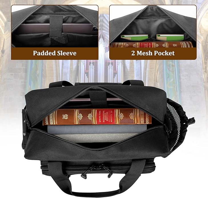 Damero Large Bible Bag for Men, Bible Tote Bag Church Bag with Cup Holder, Bible Cover Bag for Bible Study Supplies, Black (Bag Only)