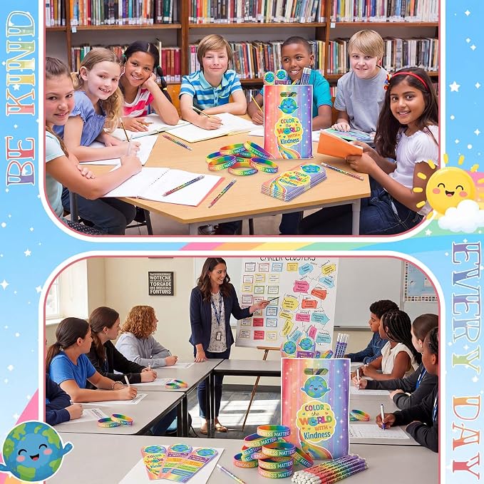 Resurhang 200 Pcs Color the World with Kindness Assorted Items Bulk 50 Set Kindness Week Plastic Goody Bag Bookmark Pencil Be Kind Bracelets Accessories for Anti Bullying Month Party Favor