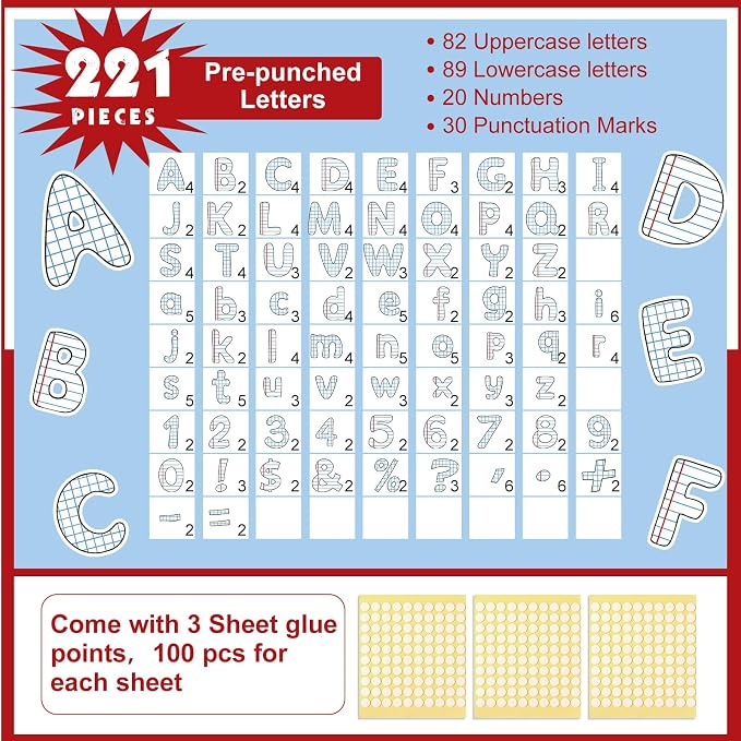 221 Pcs Lined Notebook Bulletin Board Letters, Round Alphabet Number Punctuation Symbol Combo Letter Cutouts, Composition Classroom Decor for Summer School Chalkboard Whiteboard Poster Wall