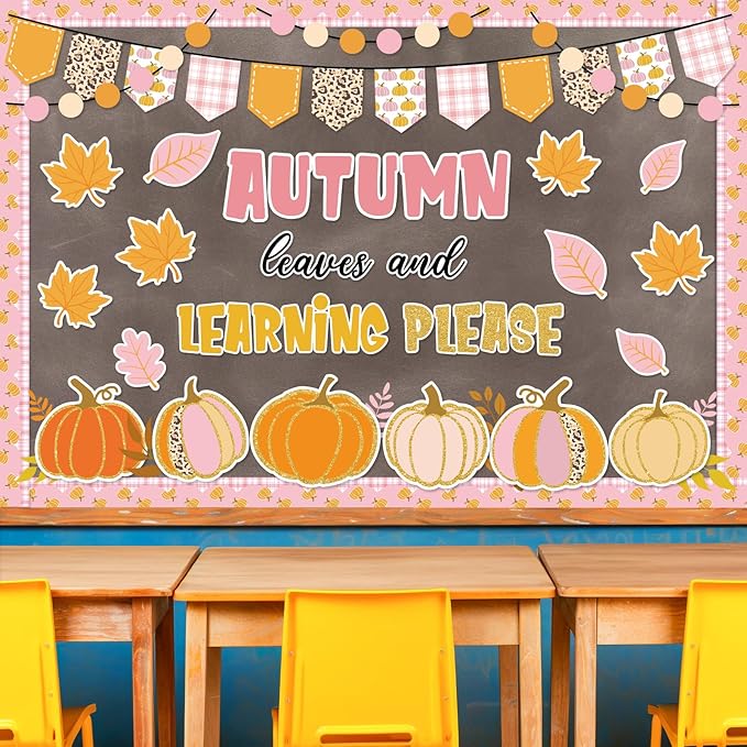 JarThenaAMCS 78Pcs Fall Thanksgiving Classroom Bulletin Board Decorations Pink Orange Pumpkin Maple Leaf Cutouts for Autumn Harvest Party Supplies School Chalkboard Wall Decor