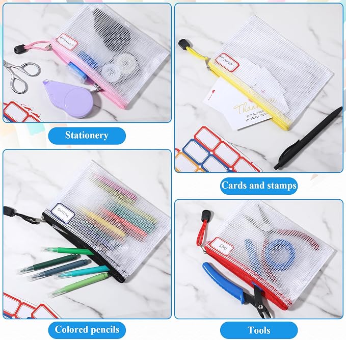 36 Pcs Mesh Zipper Pouch, 4.7x6.5 inch Waterproof Zip Mesh Bags with 2 Sheets Colored Stickers 9 Colors Plastic Water-Resistant File Bags Zipper Bag for Office Supplies Travel Storage