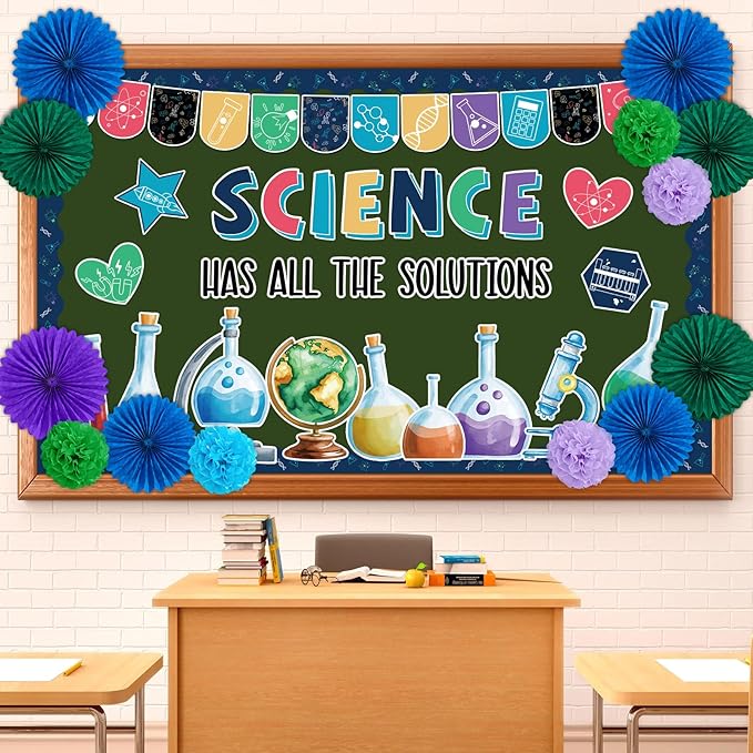 Science Bulletin Board Decorations Set with 3D Tissue Paper Flower Paper Fan Science Classroom Bulletin Board Border Scientist Laboratory Cutouts for Back to School Chalkboard Teacher Supplies