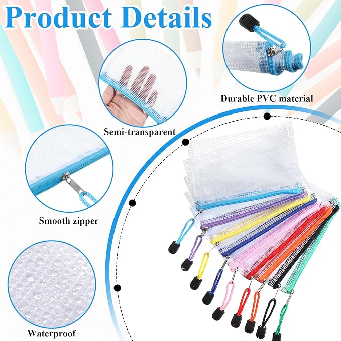 36 Pcs Mesh Zipper Pouch, 4.7x6.5 inch Waterproof Zip Mesh Bags with 2 Sheets Colored Stickers 9 Colors Plastic Water-Resistant File Bags Zipper Bag for Office Supplies Travel Storage