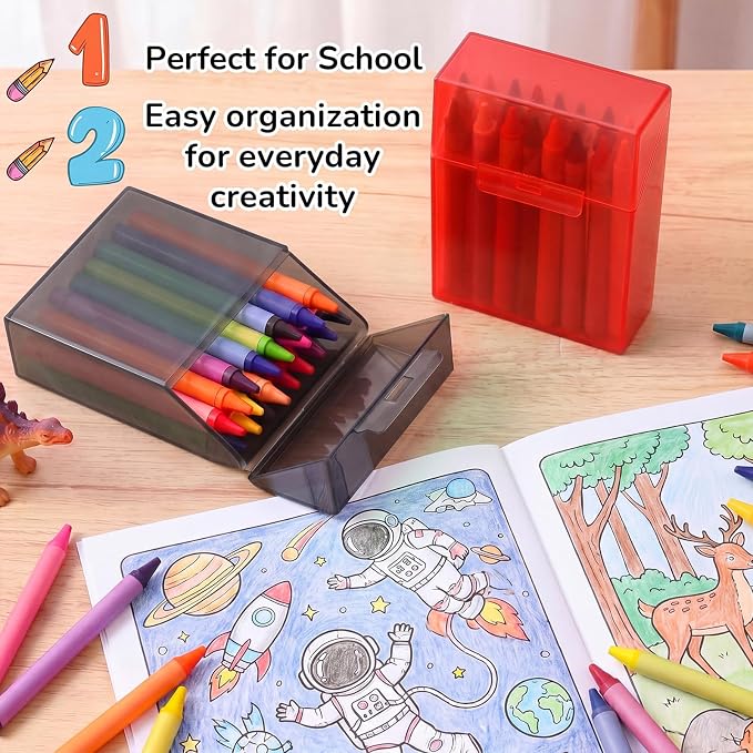 Clabby 4 Pcs Plastic Crayon Organizer Case for 24 Count Crayons Kids Art Supply Storage Box with Lid, Portable Holder for Classroom Home Travel, Fits Standard 24-Pack Crayon (Red,Dark Gray)