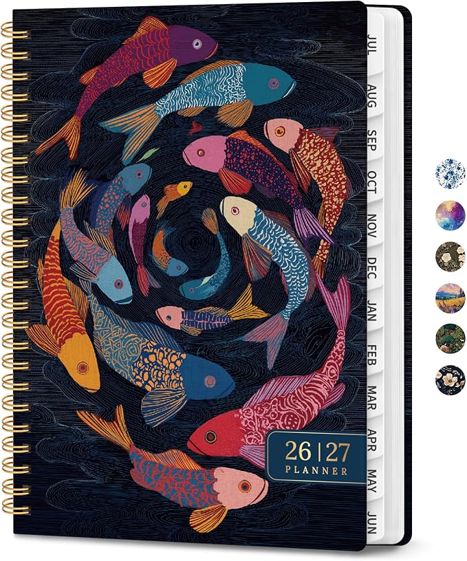 Planner 2026–2027, Academic Planner Weekly and Monthly Calendar Jul 2026 – Jun 2027 Hardcover Planner with Tabs and Pocket, Spiral Bound Agenda Book for Student & Teacher, 6.3" x 8.5", Koi Swirl