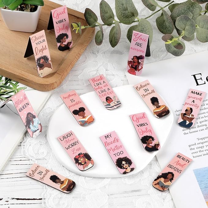 Black Girl Magnetic Bookmark - 12 PCs Inspirational Book Marks for Women Bulk Unique Aesthetic Page Markers Bookish Gifts Reading Lovers Readers Student Teacher Birthday School Accessories