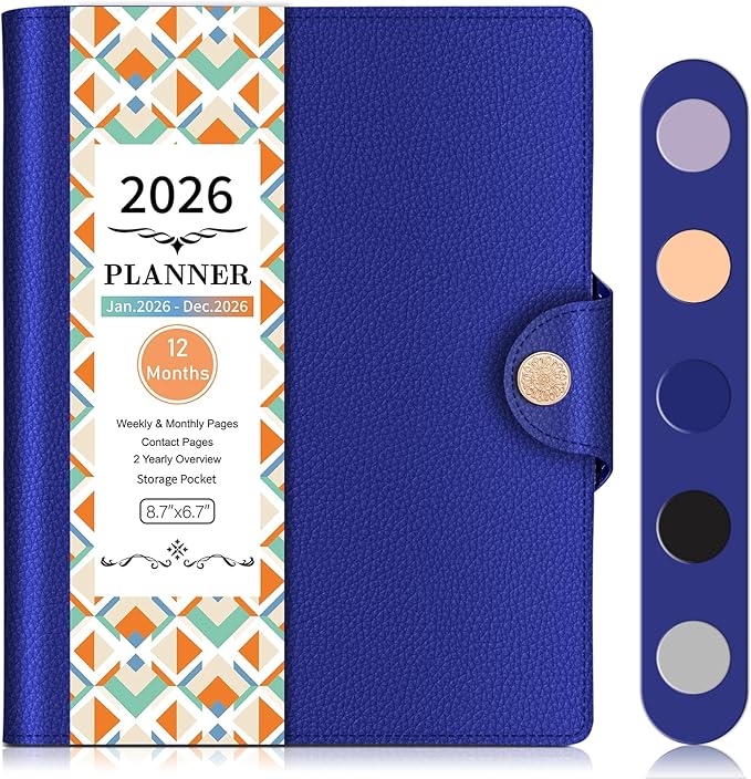 2026 Weekly & Monthly & Daily Planner from Jan 2026 - Dec 2026, Pu Leather Cover Planner, Academic Agenda Planning Organizer with 100GSM Thick Paper, A5 Size, Dark Blue